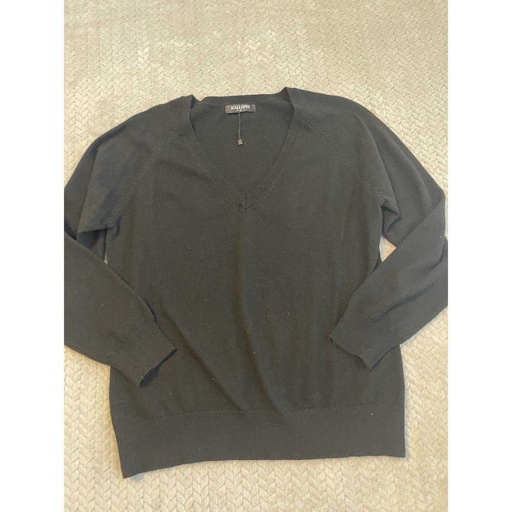 KALLSPIN Luxury Cashmere Blend Relaxed‎ Black V-Neck Pullover Sweater M